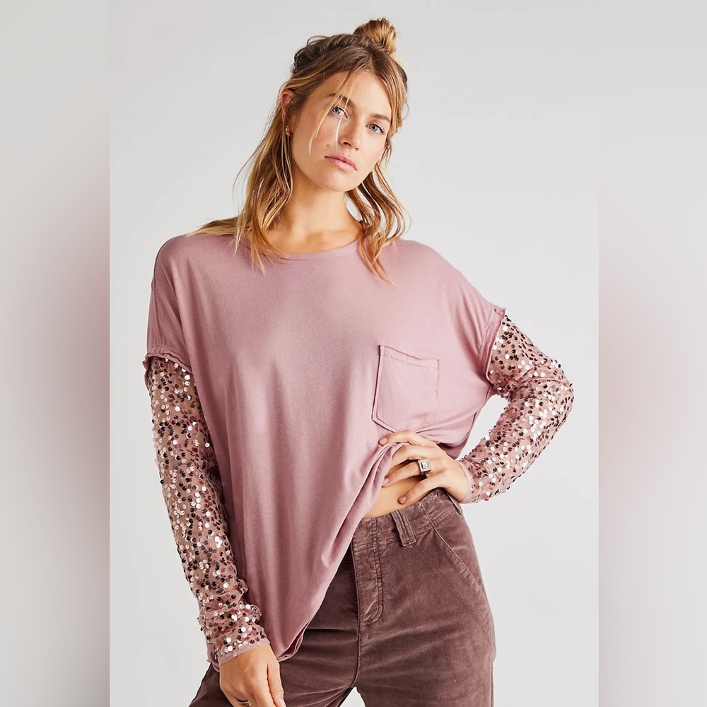 Free People Mauve Sequin Sleeve Long Sleeve Tee - Picture 2 of 6